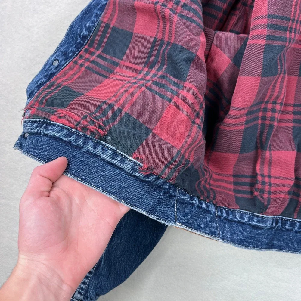 RRL Ralph Lauren Plaid Lined Denim Type 2 Trucker Jacket Mens M Blue Buckle Back